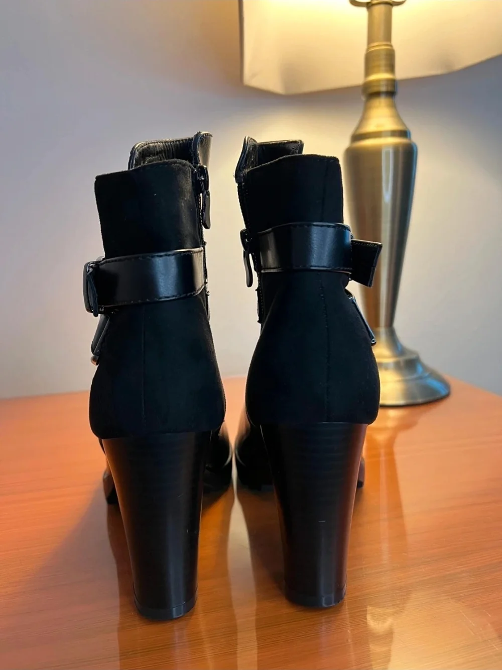 Black Women's High Heel Ankle Boot with Buckle Strap